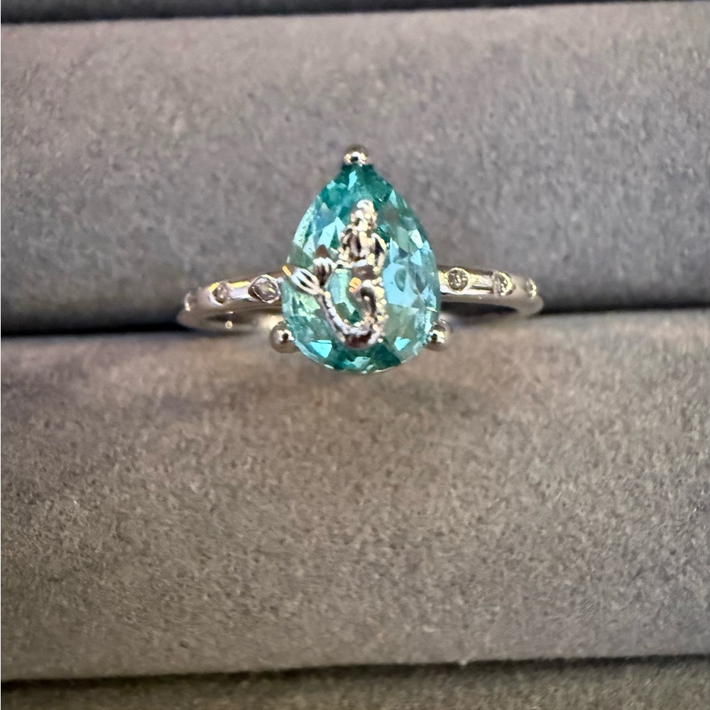 Silver Mermaid Ring with Aquamarine Teardrop Gemstone